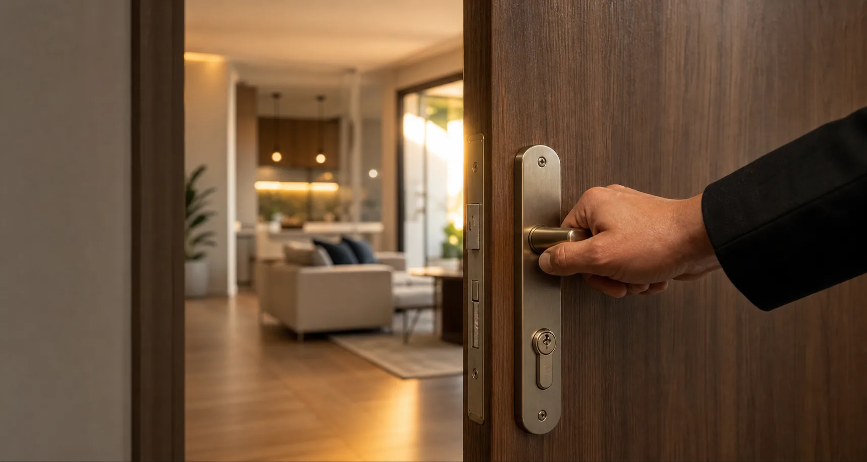Mão abrindo a porta de um imóvel com interior visível