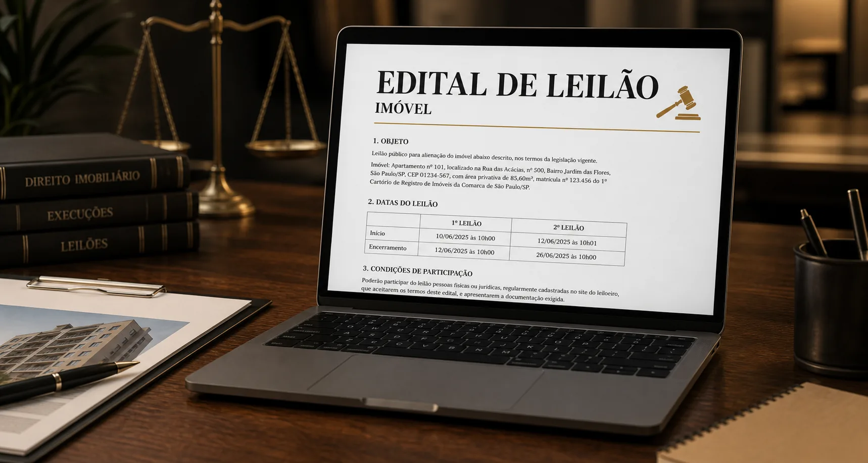 Notebook exibindo edital de leilão de imóvel