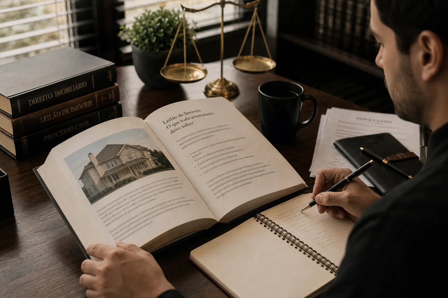 Pessoa estudando com livro e anotações sobre leilão de imóveis