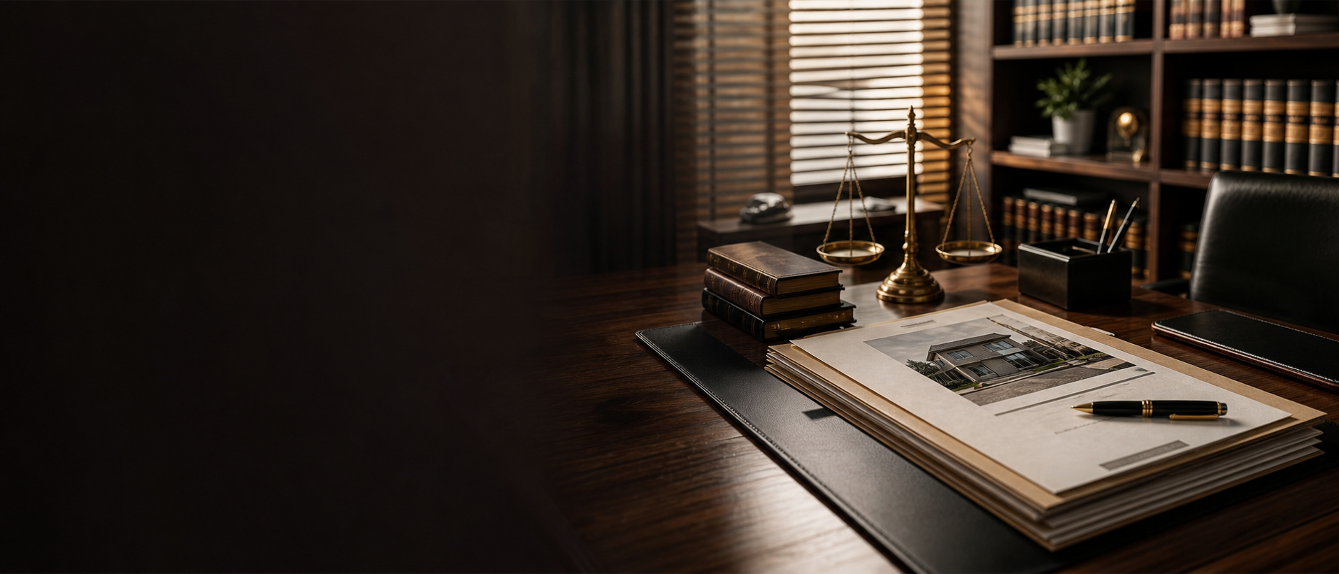 Escritório jurídico com mesa e documentos