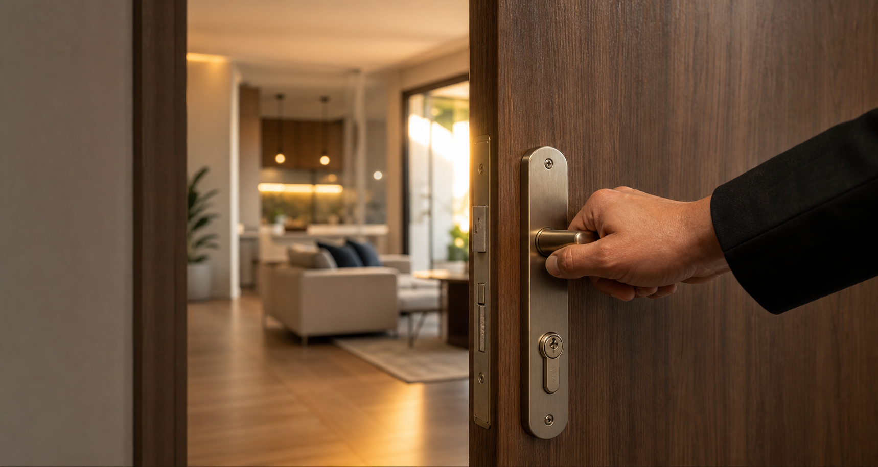 Mão abrindo a porta de um imóvel com interior visível