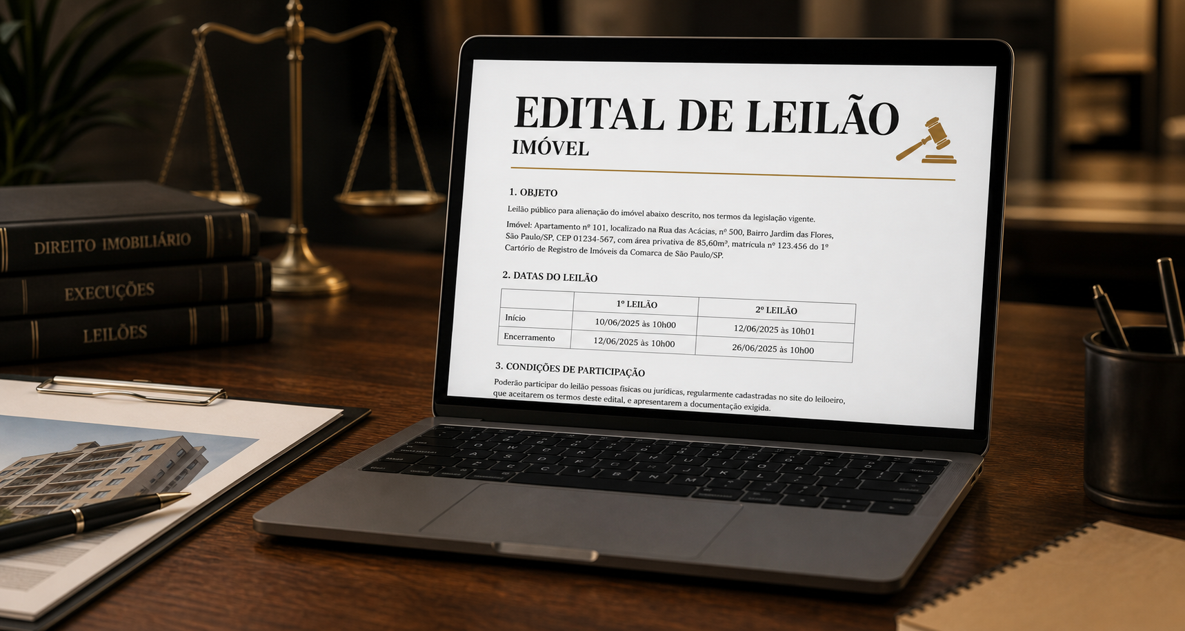 Notebook exibindo edital de leilão de imóvel