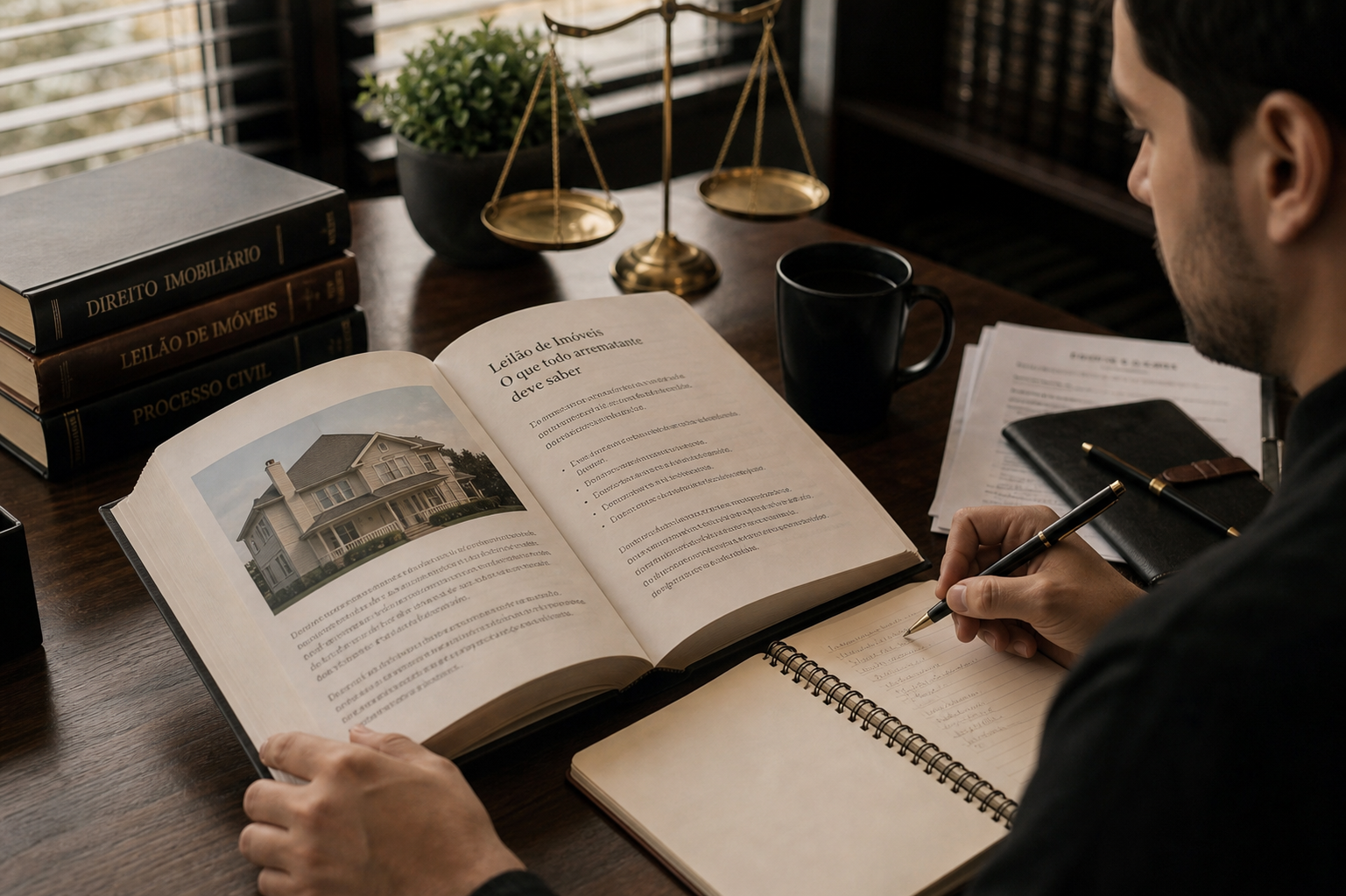 Pessoa estudando com livro e anotações sobre leilão de imóveis