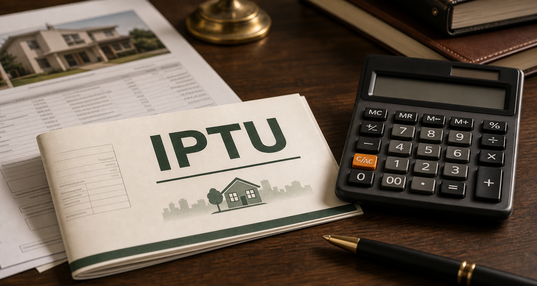 Carnê de IPTU com calculadora sobre mesa de análise