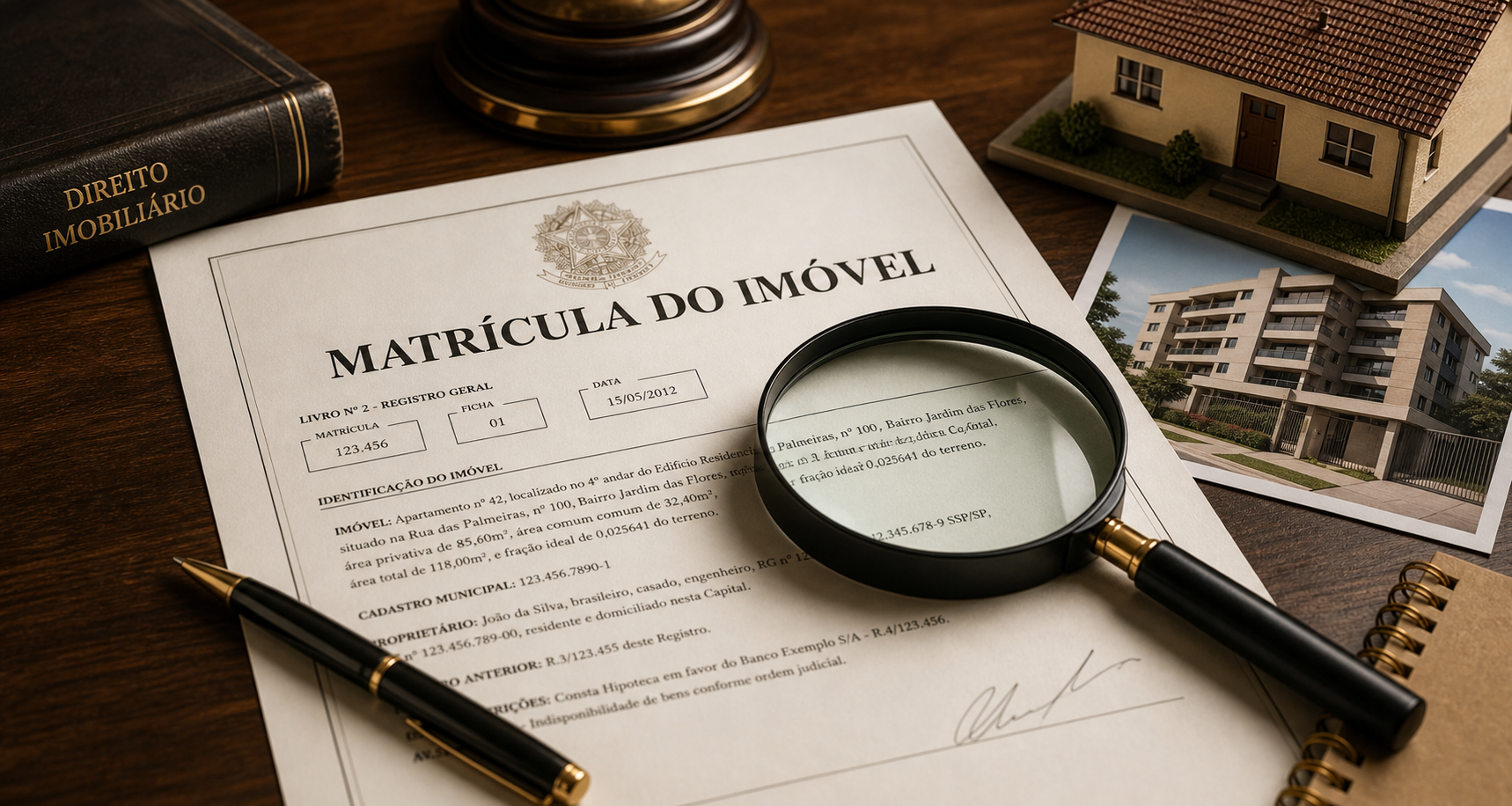 Matrícula de imóvel com lupa e documentos imobiliários